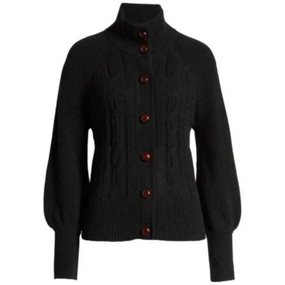 NWT J.Crew M Cardigan Cable Knit Black & Brown Faux Leather Buttons Lamb… - Picture 1 of 12